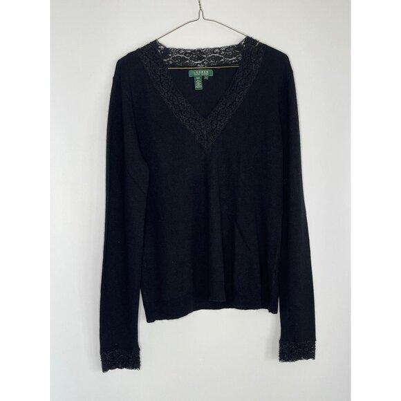 Lauren Ralph Lauren Silk Cashmere Black V-Neck Sweater Lace Bead Accents Large - Picture 1 of 9